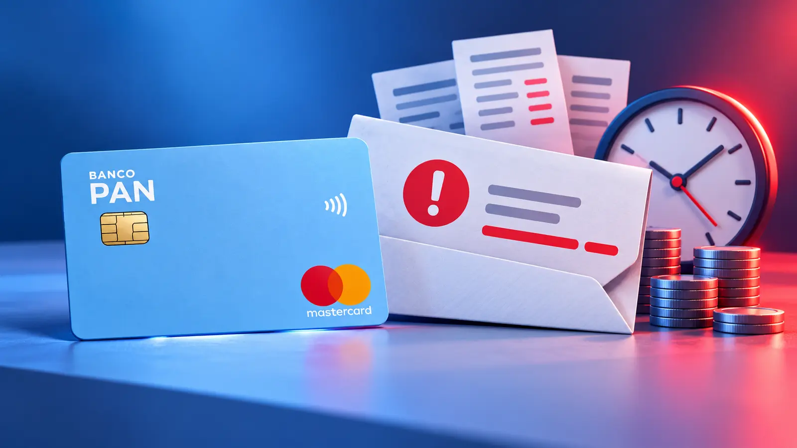 Cartão azul Banco PAN Mastercard junto a uma fatura atrasada e um relógio