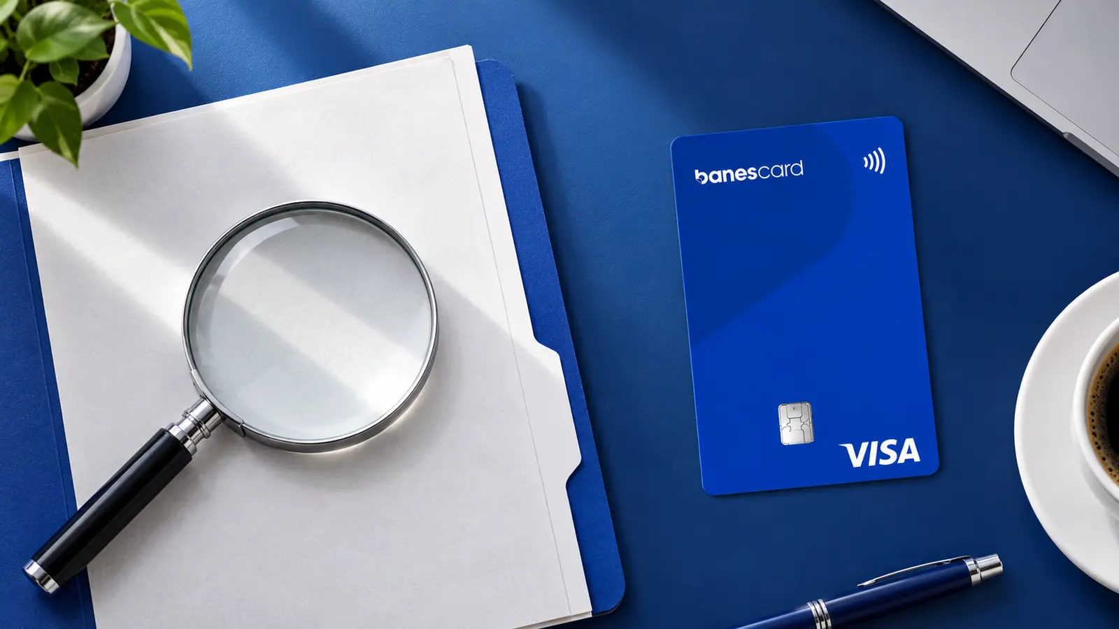 Cartão Banescard Visa Classic azul em posição diagonal sobre uma mesa com pasta de documentos e lupa