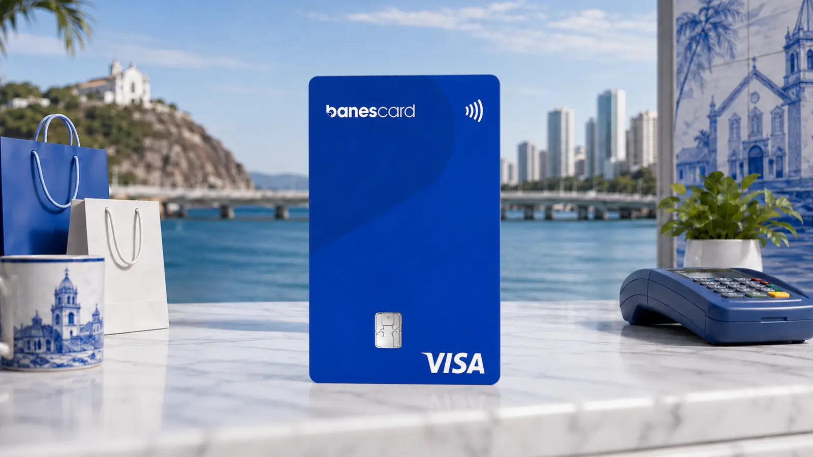 Cartão Banescard Visa Classic vertical, com chip na parte inferior, em cenário do Espírito Santo