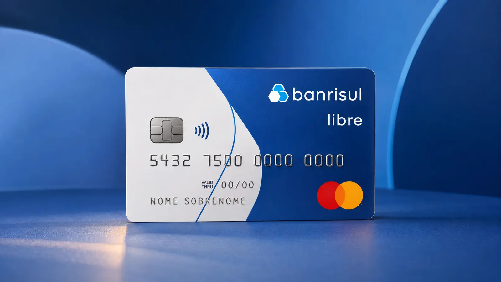 Cartão Banrisul Libre em branco e azul, com o logo do Banrisul, número em relevo e selo Mastercard, sobre fundo azul