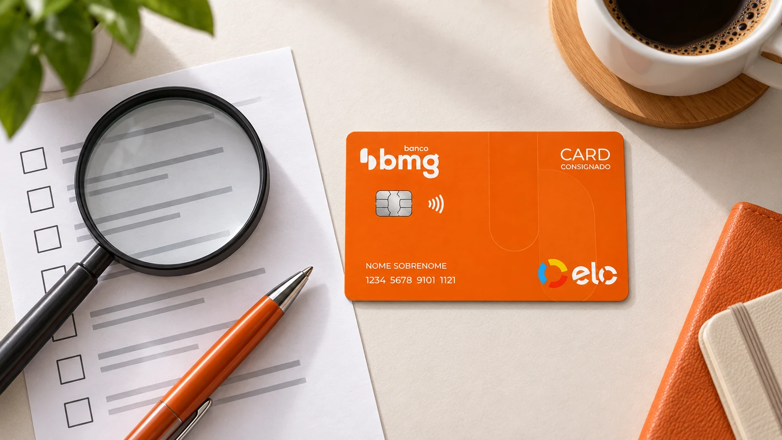 Cartão Bmg Card Consignado Elo laranja ao lado de uma lista de verificação, lupa e caneta sobre uma mesa clara.