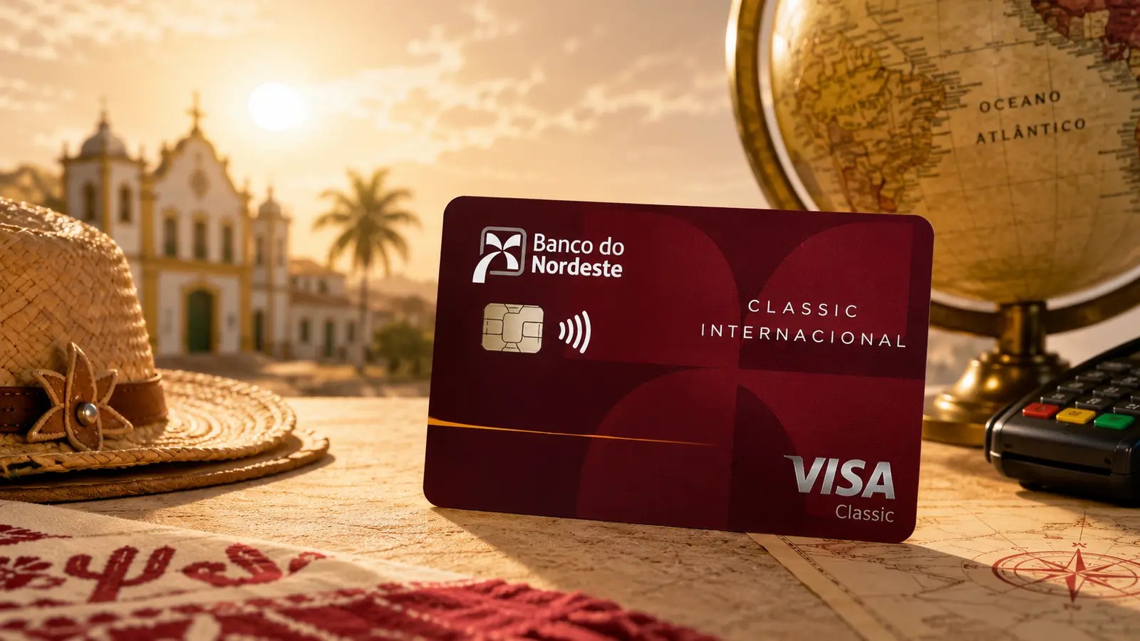 Cartão BNB Visa Classic Internacional vinho em cenário inspirado no Nordeste brasileiro