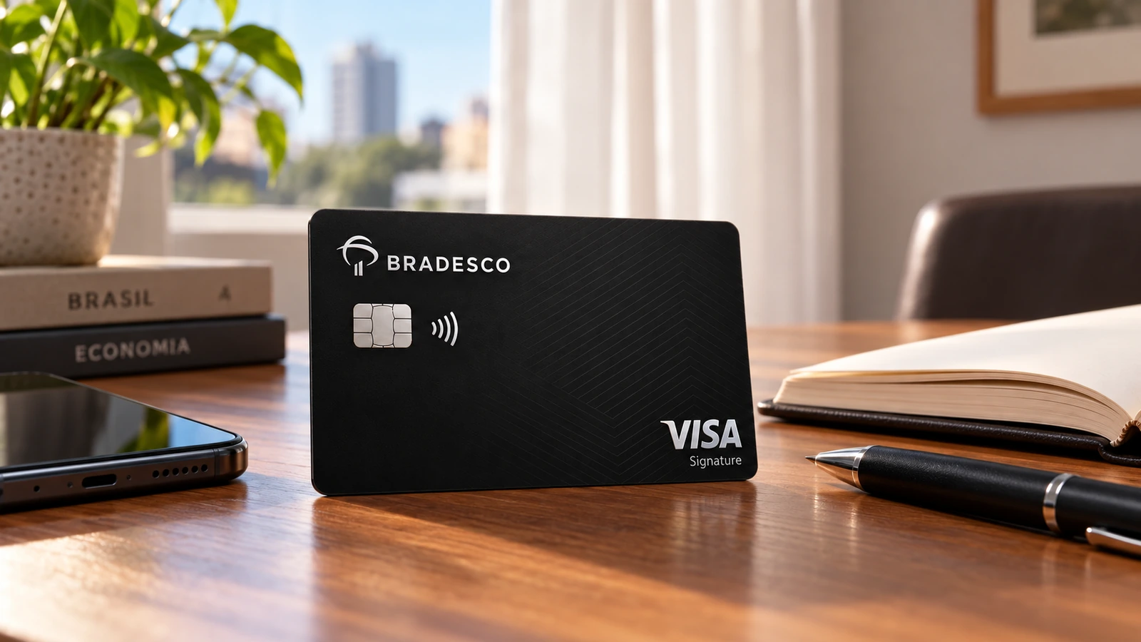 Cartão Bradesco Visa Signature ao lado de um celular e de um caderno de anotações.