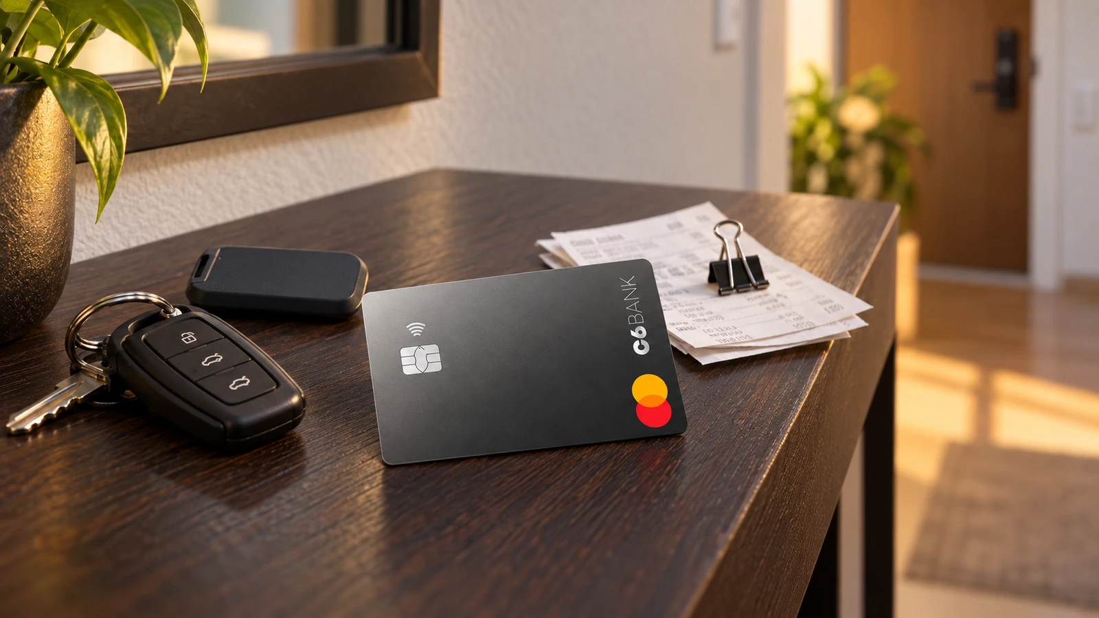 Cartão C6 Bank Mastercard junto a chaves de carro, uma etiqueta de pedágio e recibos organizados.