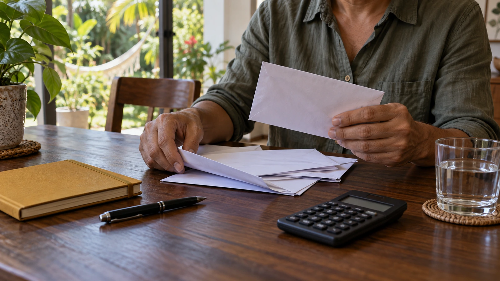 Pessoa organizando envelopes em uma mesa com calculadora, caderno e caneta.