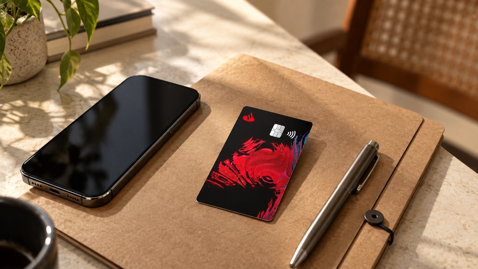 Cartão Santander Free sobre uma pasta de documentos, próximo a um celular e uma caneta.