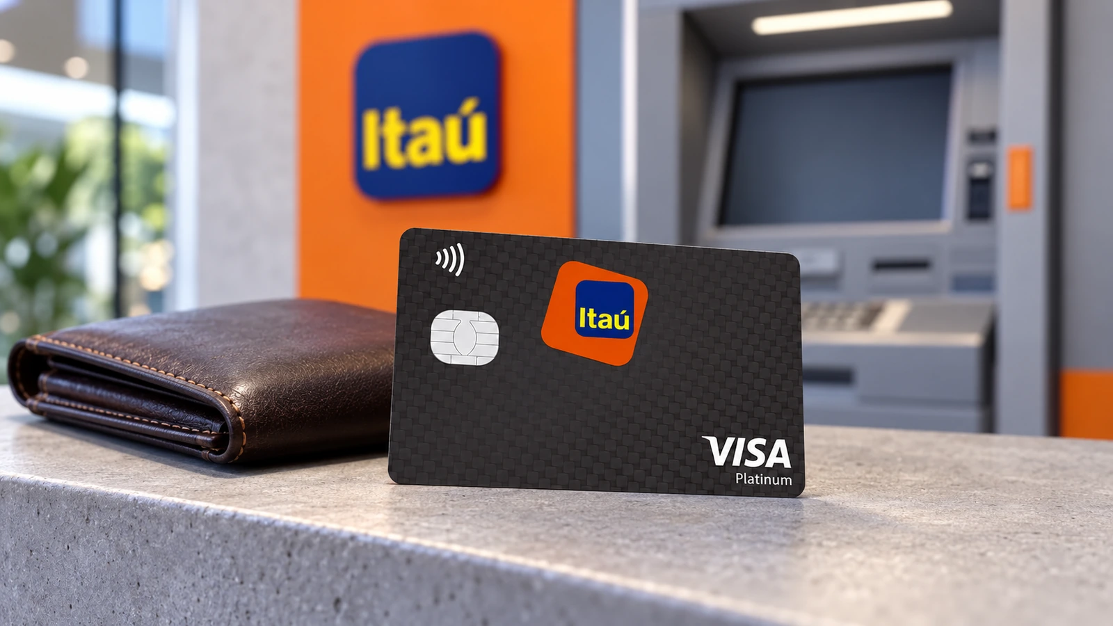 Cartão Itaú Visa Platinum próximo a um caixa eletrônico e a uma carteira.