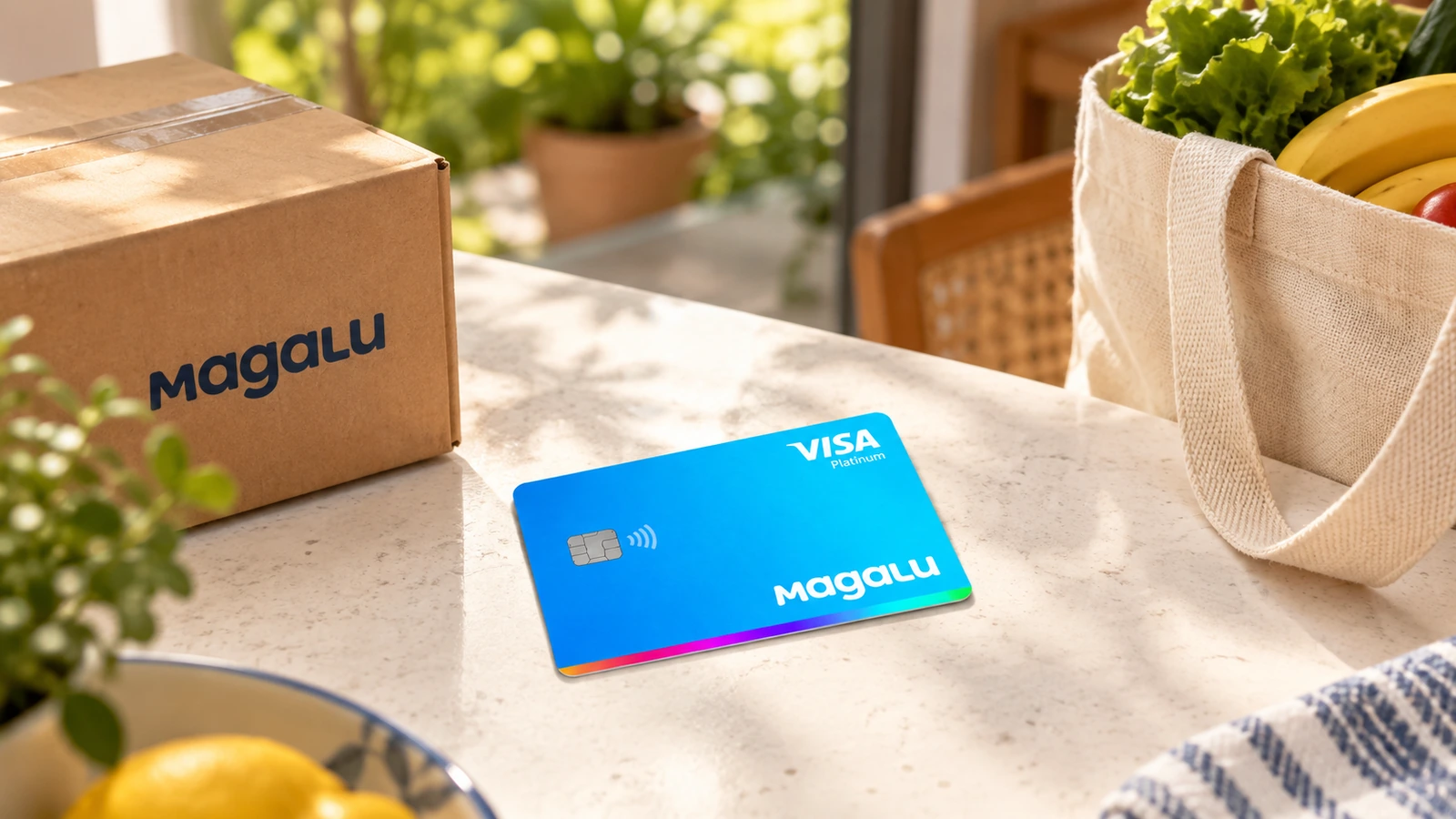 Cartão Magalu Visa Platinum sobre uma mesa, ao lado de uma caixa de compra e uma sacola.