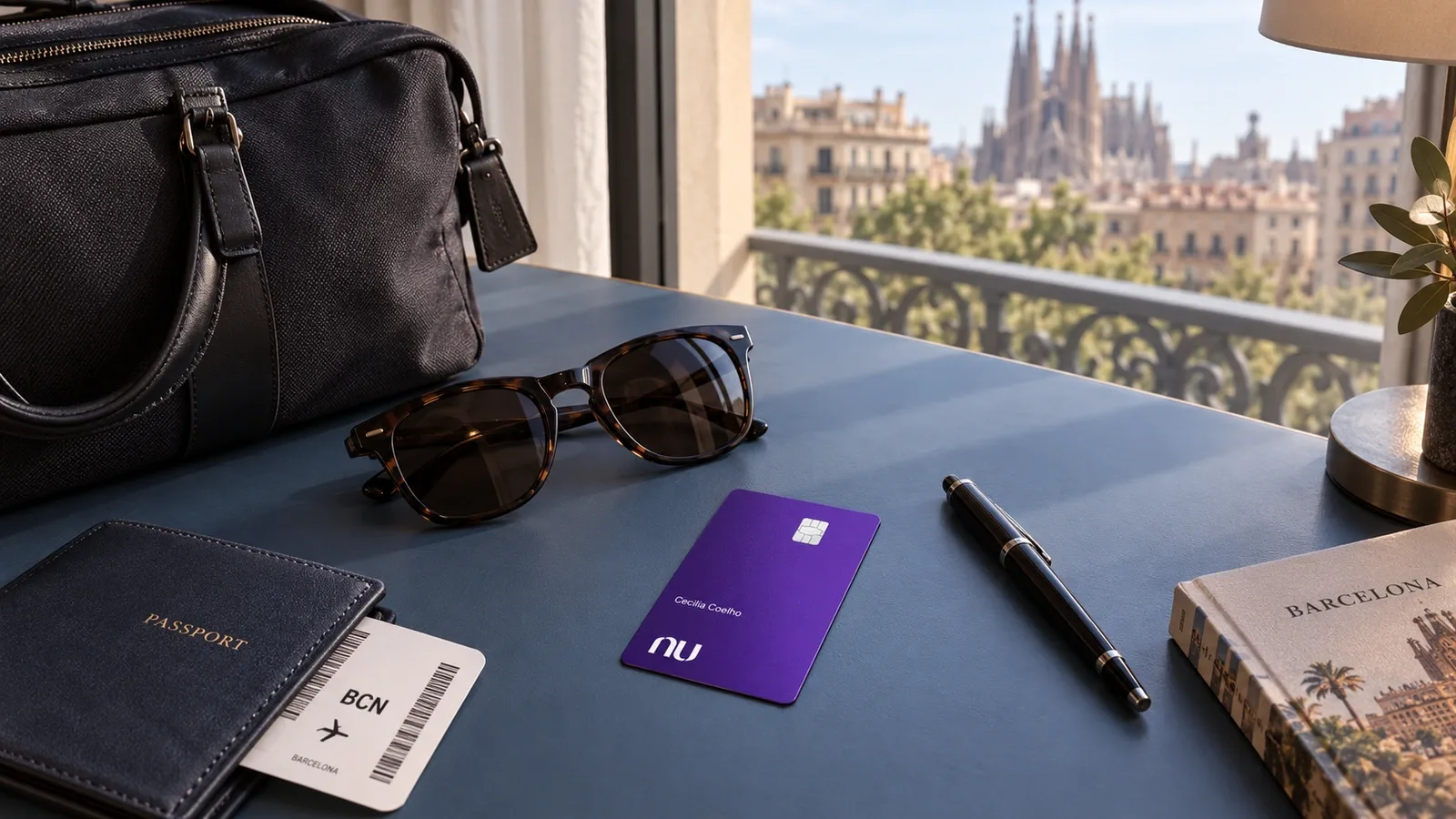 Cartão Nubank Ultravioleta ao lado de uma bolsa de viagem e óculos sobre uma mesa de hotel.