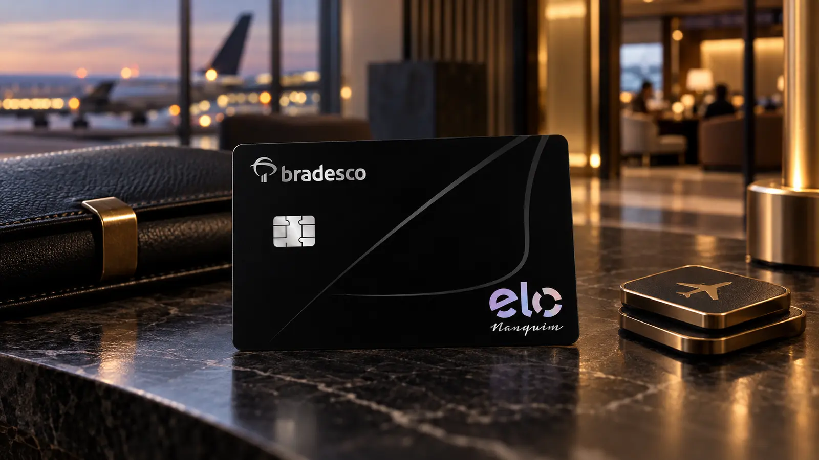 Cartão Bradesco Elo Nanquim em ambiente de sala VIP de aeroporto