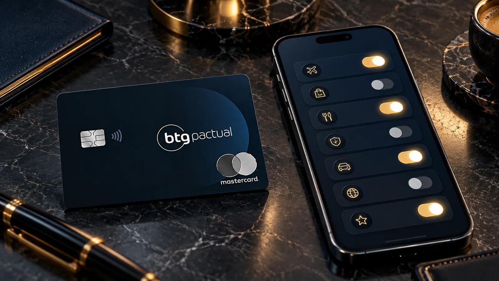 Cartão BTG Pactual Black ao lado de aplicativo com módulos ativados e desativados