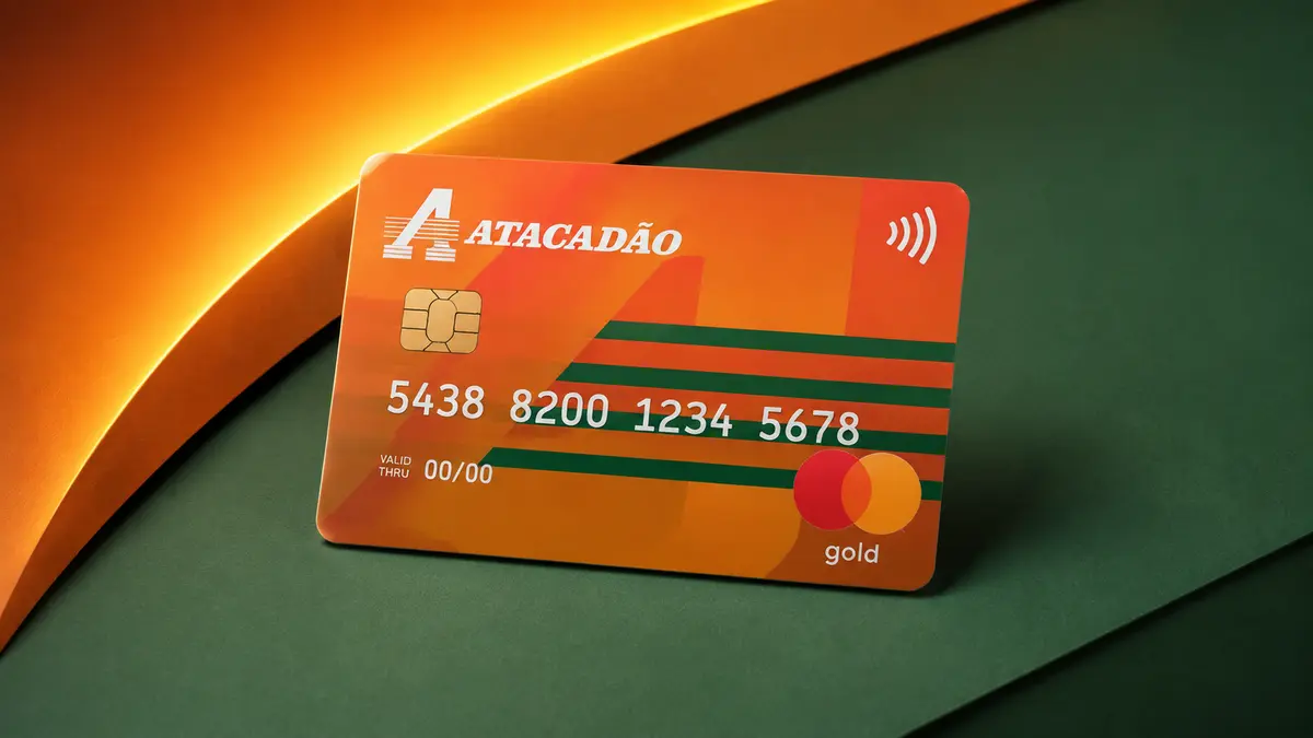 Cartão laranja do Atacadão com listras verdes e selo Mastercard Gold, apoiado em fundo verde com faixa laranja