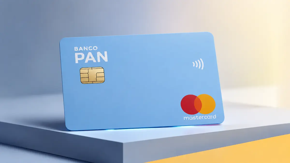 Cartão azul-claro do Banco Pan com chip dourado e logotipo Mastercard, em pé sobre um pedestal branco