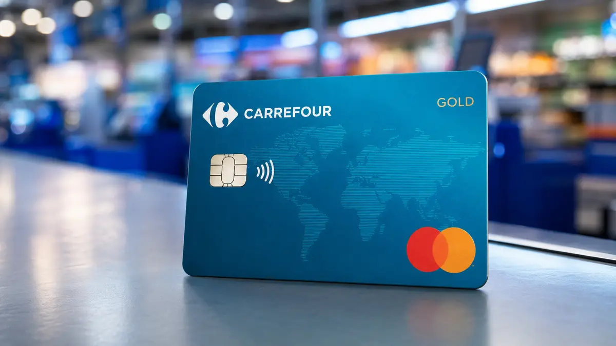 Cartão Carrefour Gold azul-petróleo com mapa-múndi impresso e selo Mastercard, num caixa de supermercado desfocado