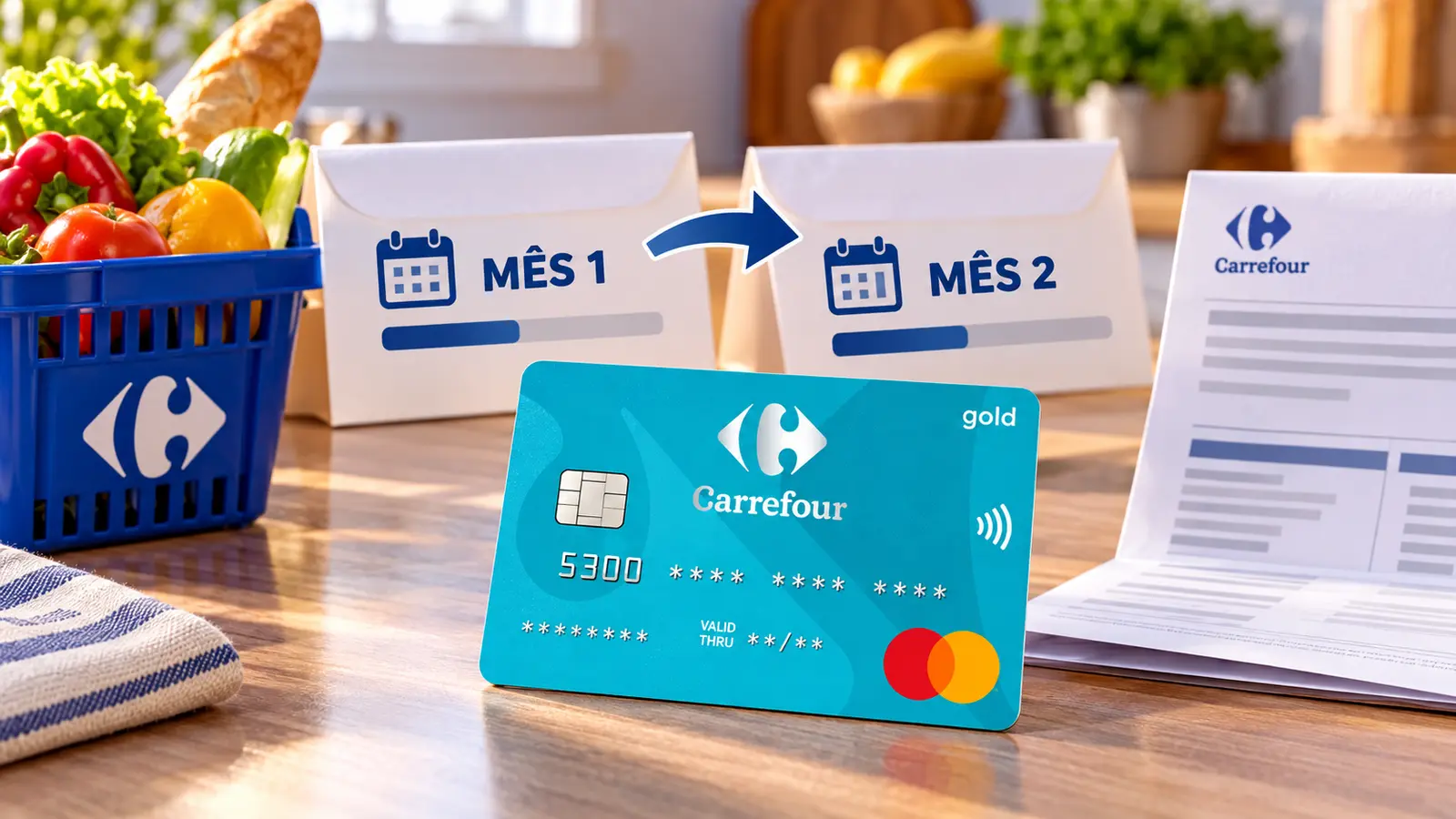Cartão Carrefour Mastercard Gold diante de dois calendários mensais e uma fatura