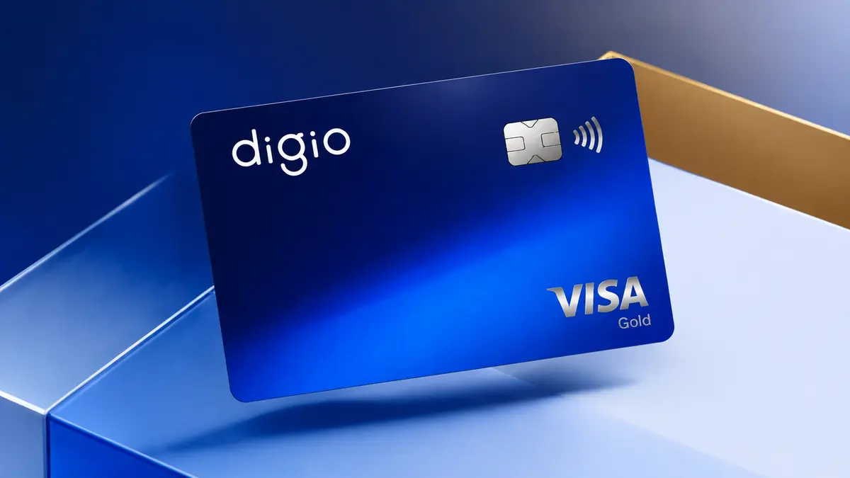 Cartão azul da digio com chip prateado e selo Visa Gold, apoiado em superfícies geométricas azuis e douradas
