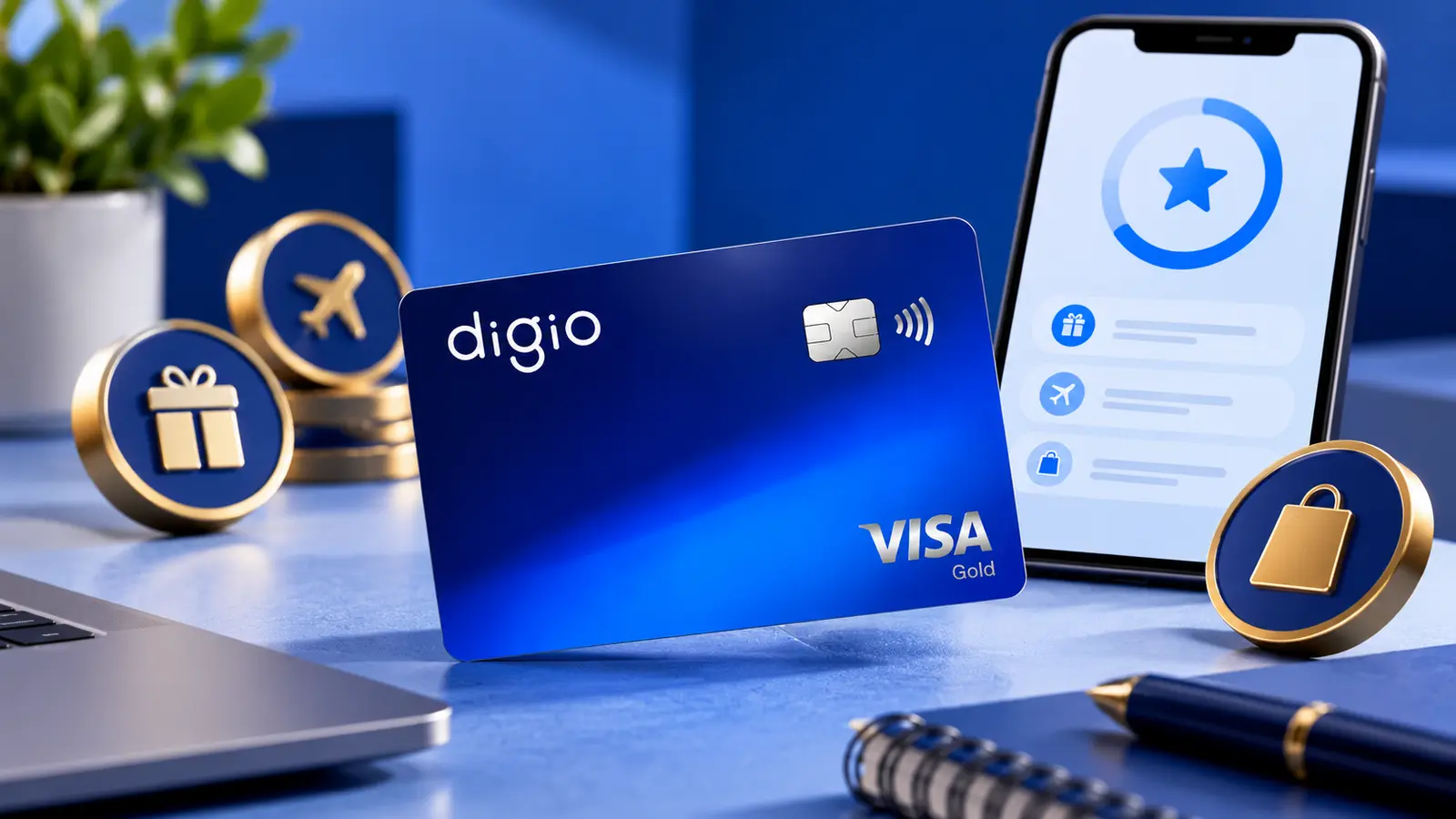 Cartão azul Digio Visa Gold diante de um celular e símbolos de recompensas