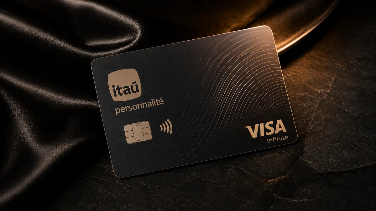 Cartão preto Itaú Personnalité com logotipo e selo Visa Infinite em cobre, pousado sobre seda escura