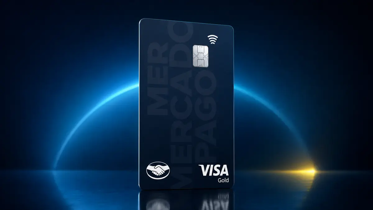 Cartão vertical azul-escuro do Mercado Pago com o símbolo do aperto de mãos e selo Visa Gold, em fundo com arco de luz azul