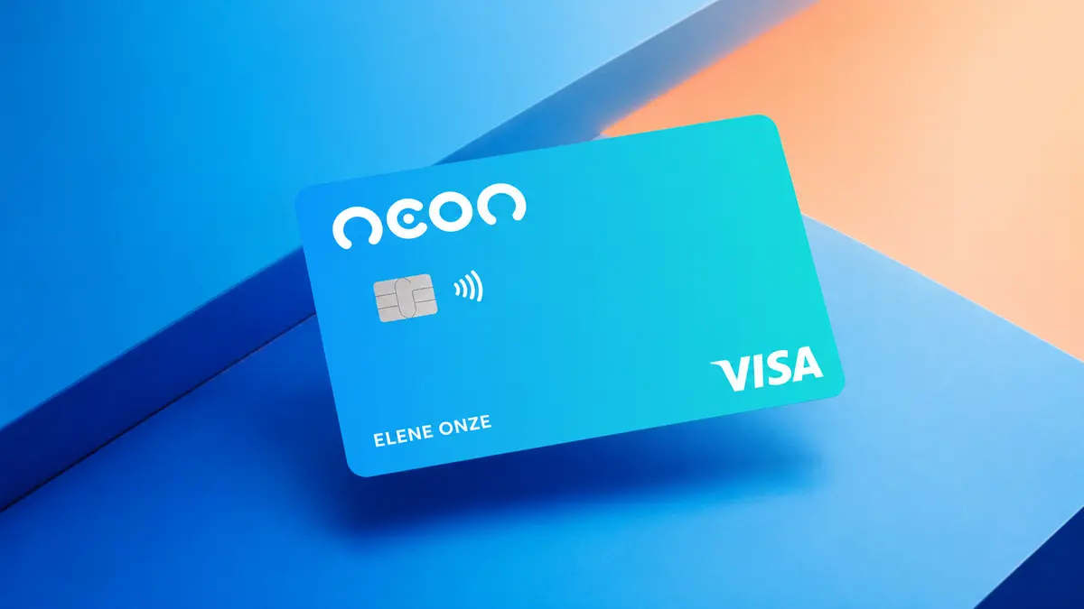 Cartão Neon em degradê azul e verde-água, com logotipo neon em branco e selo Visa, sobre fundo azul geométrico