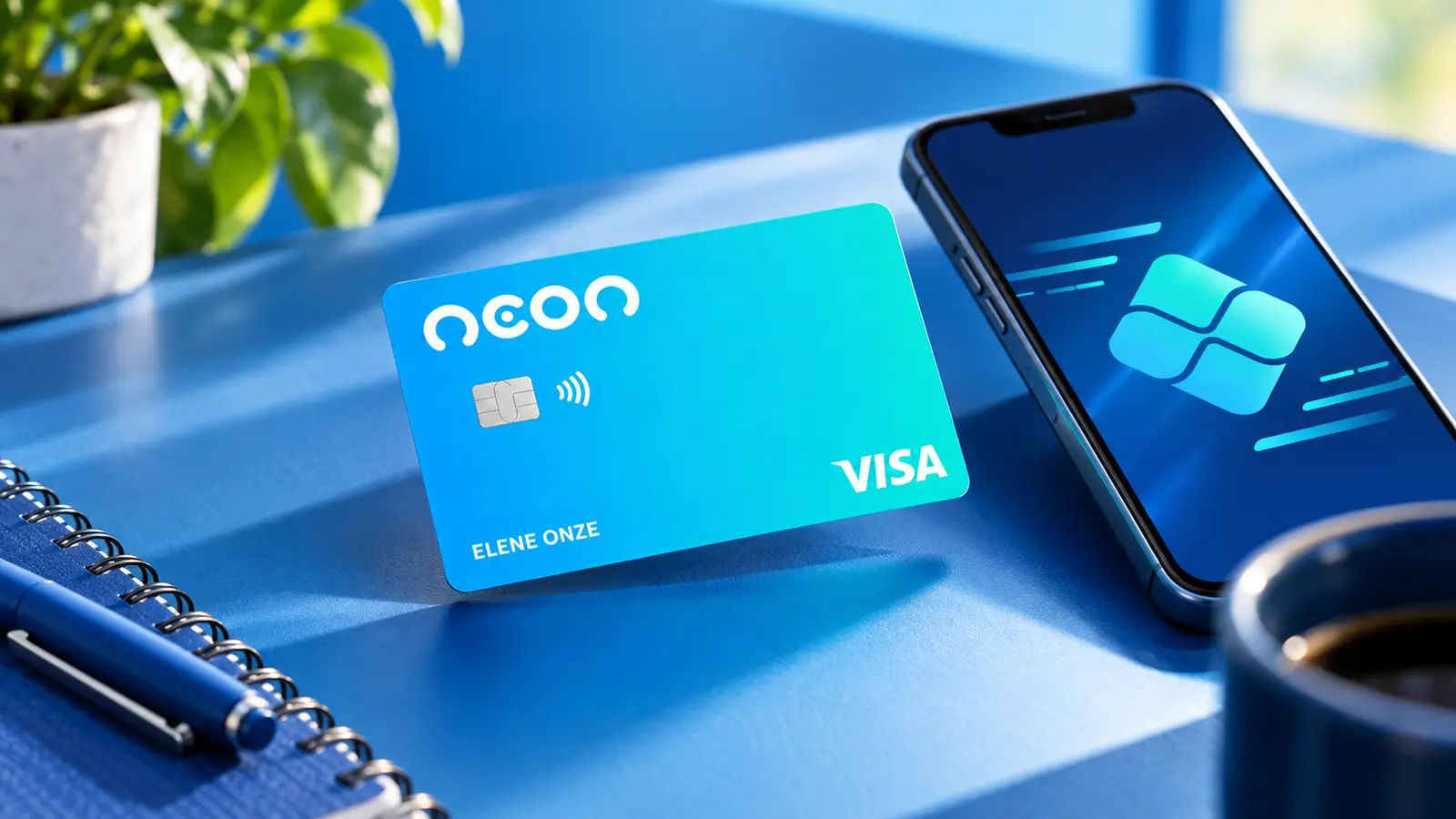 Cartão azul Neon Visa ao lado de um celular com uma transferência instantânea abstrata