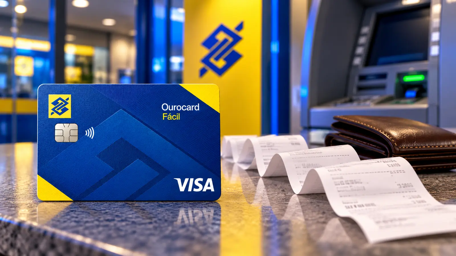 Cartão Ourocard Fácil em frente a um caixa eletrônico e vários comprovantes de saque