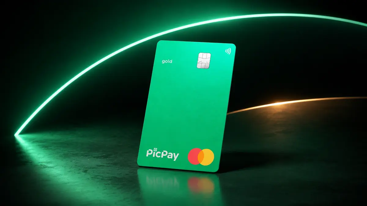 Cartão PicPay Mastercard Gold verde na vertical, com chip e a palavra gold, sobre fundo escuro riscado por luz verde