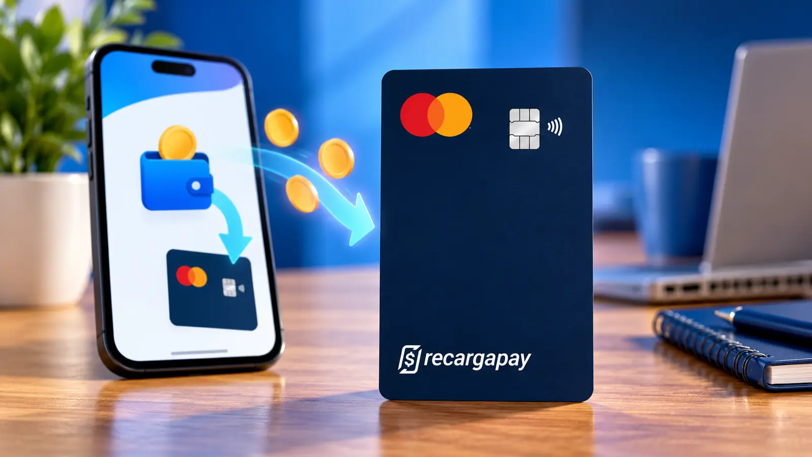 Cartão vertical RecargaPay com um celular que representa a reserva de saldo como limite