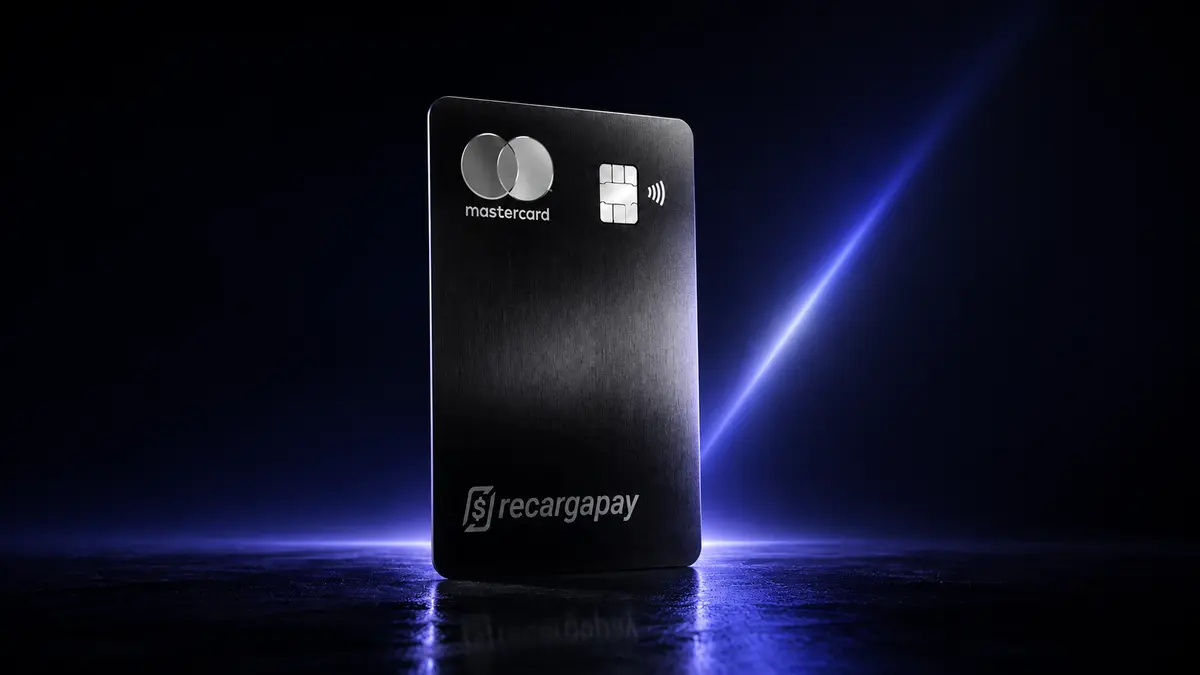 Cartão RecargaPay Titan preto em metal escovado, com logo Mastercard prateado e chip, sobre fundo azul-escuro