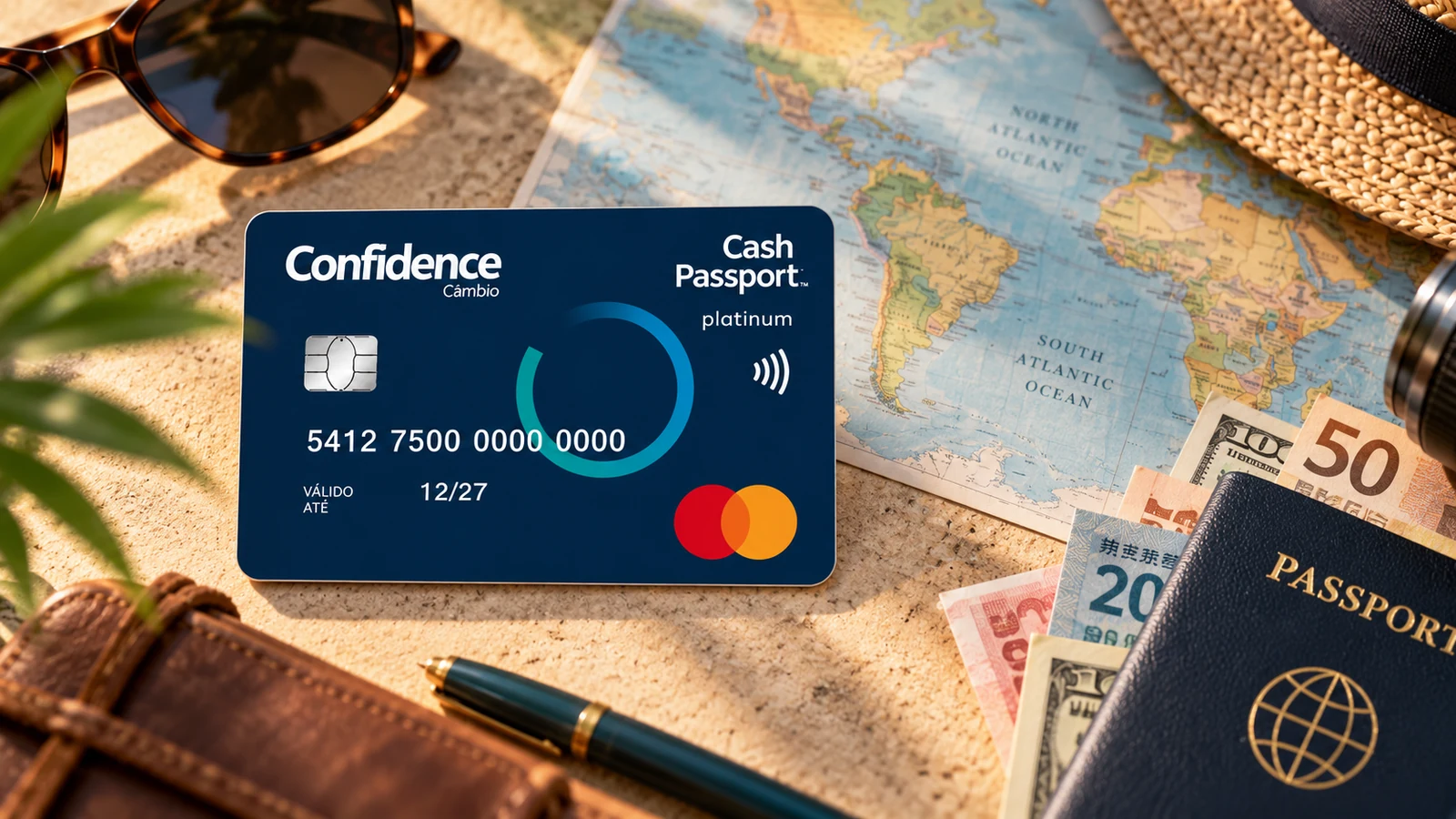 Cartão Cash Passport Mastercard Platinum azul junto a um mapa, passaporte e cédulas de moedas estrangeiras.