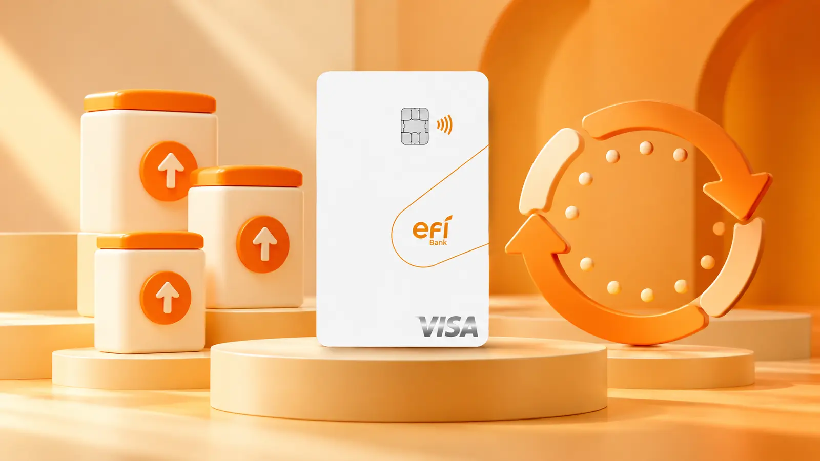 Cartão pré-pago vertical Efí Bank Visa junto a três recipientes de recarga e um relógio circular