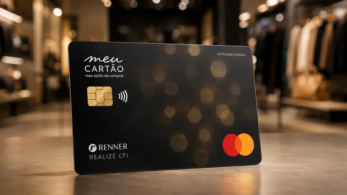 Cartão preto Meu Cartão Renner com chip dourado, a marca Realize CFI e selo Mastercard, numa loja de roupa desfocada