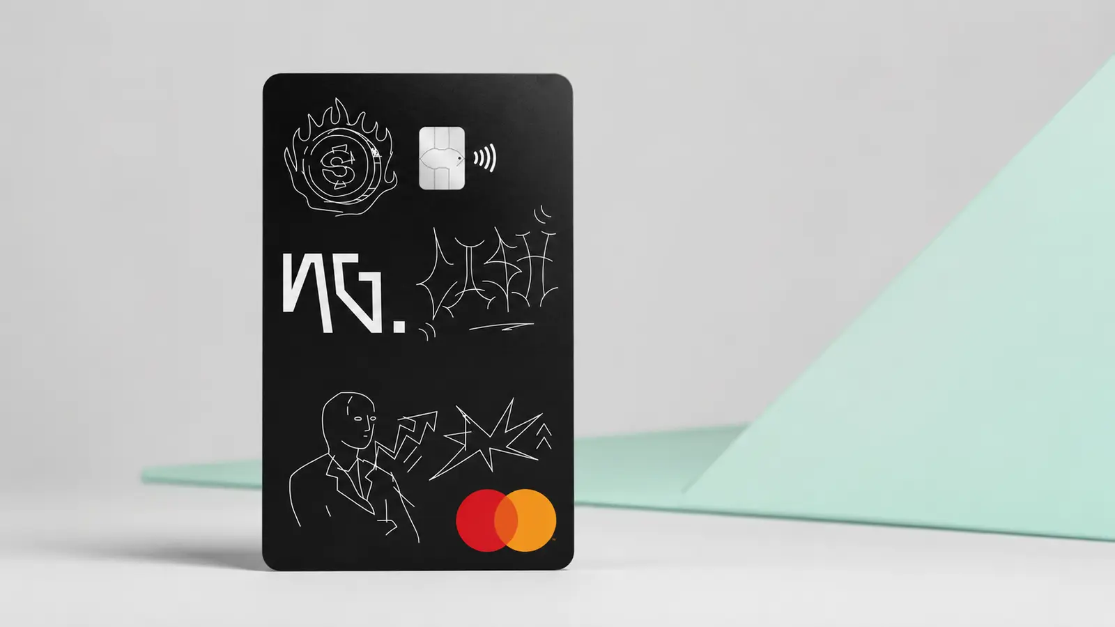 NG.CARD Mastercard personalizado preto com desenhos brancos sobre fundo claro e minimalista