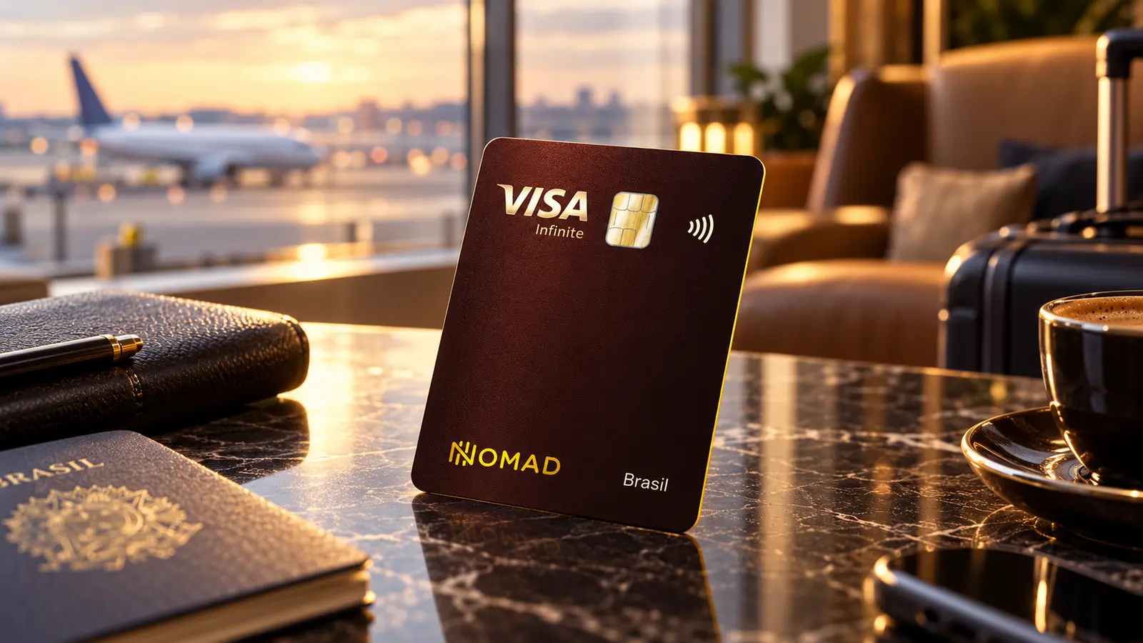 Cartão Nomad Explorer Visa Infinite em uma mesa de sala VIP de aeroporto