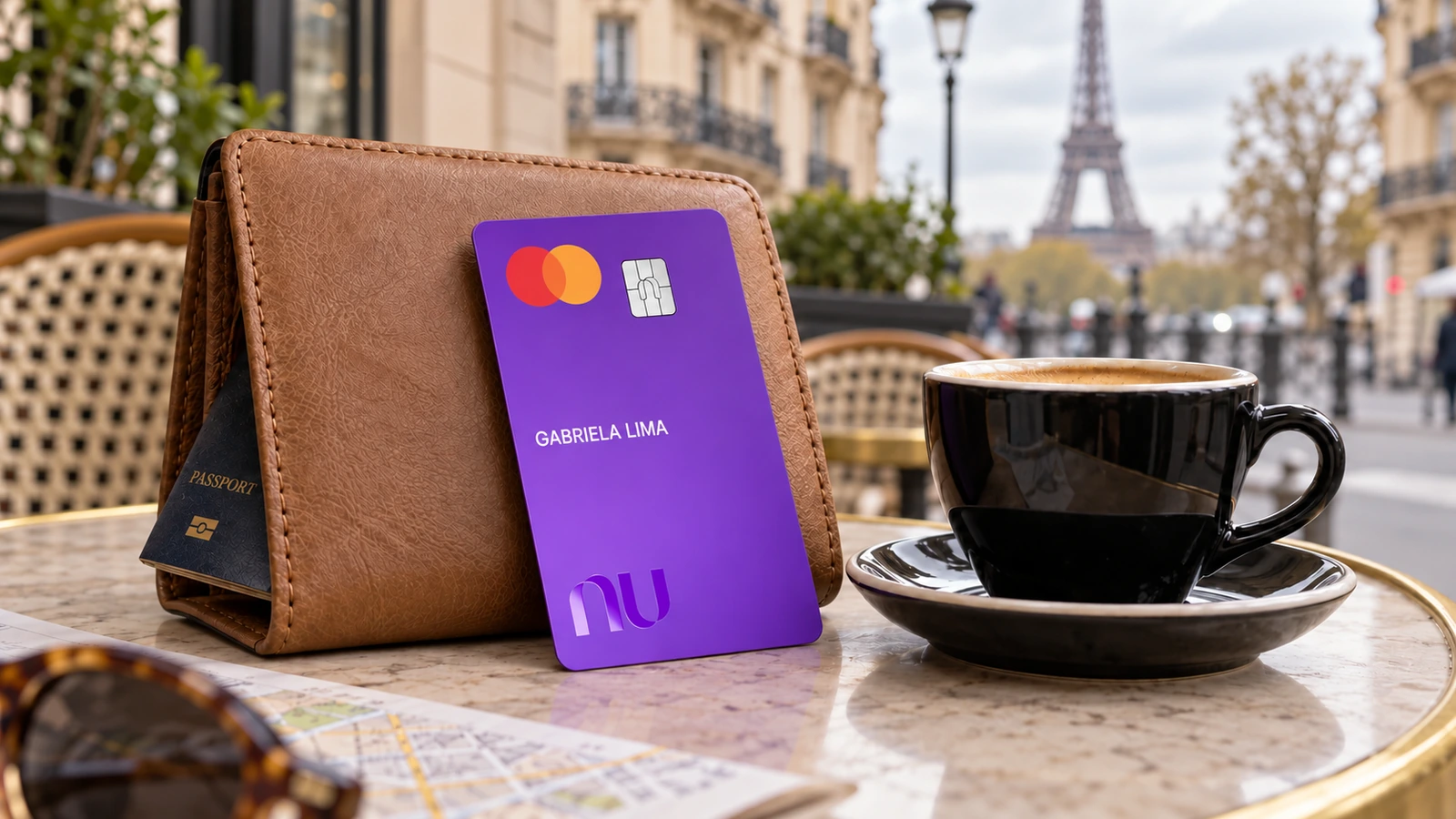Cartão Nubank roxo apoiado em uma carteira de viagem, ao lado de um café, com a Torre Eiffel ao fundo.