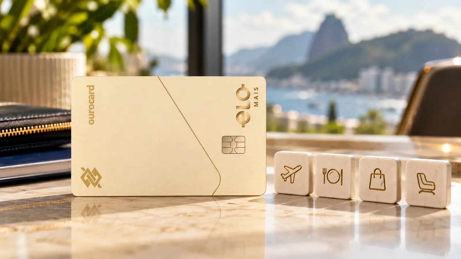 Cartão Ourocard Elo Mais dourado ao lado de ícones de benefícios