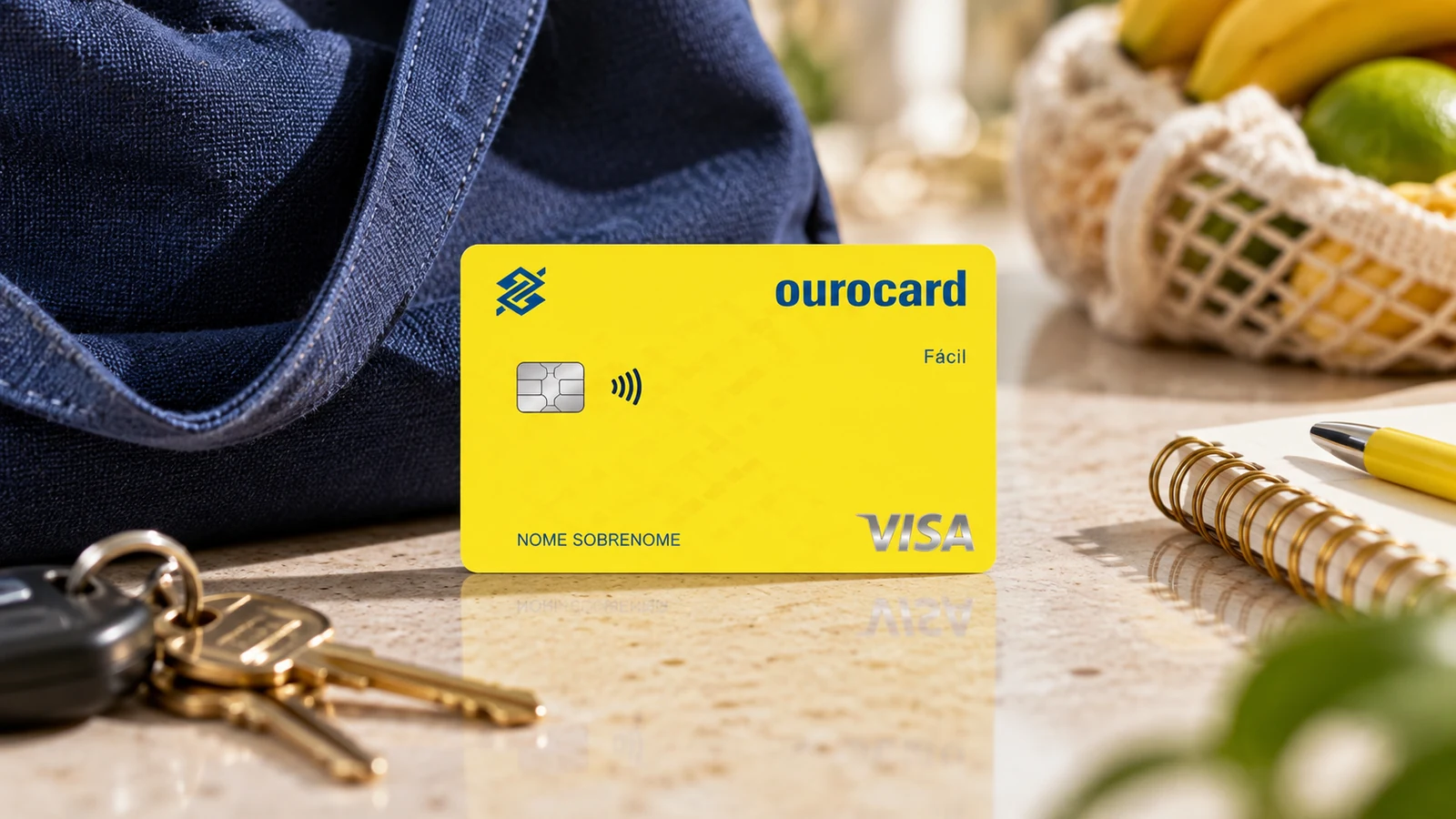 Cartão amarelo Ourocard Fácil Visa sobre uma bancada com sacola de compras azul, chaves e caderno.