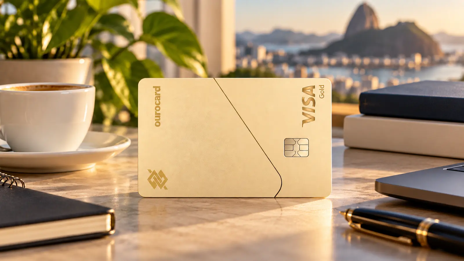 Cartão Ourocard Visa Gold dourado sobre uma mesa de trabalho