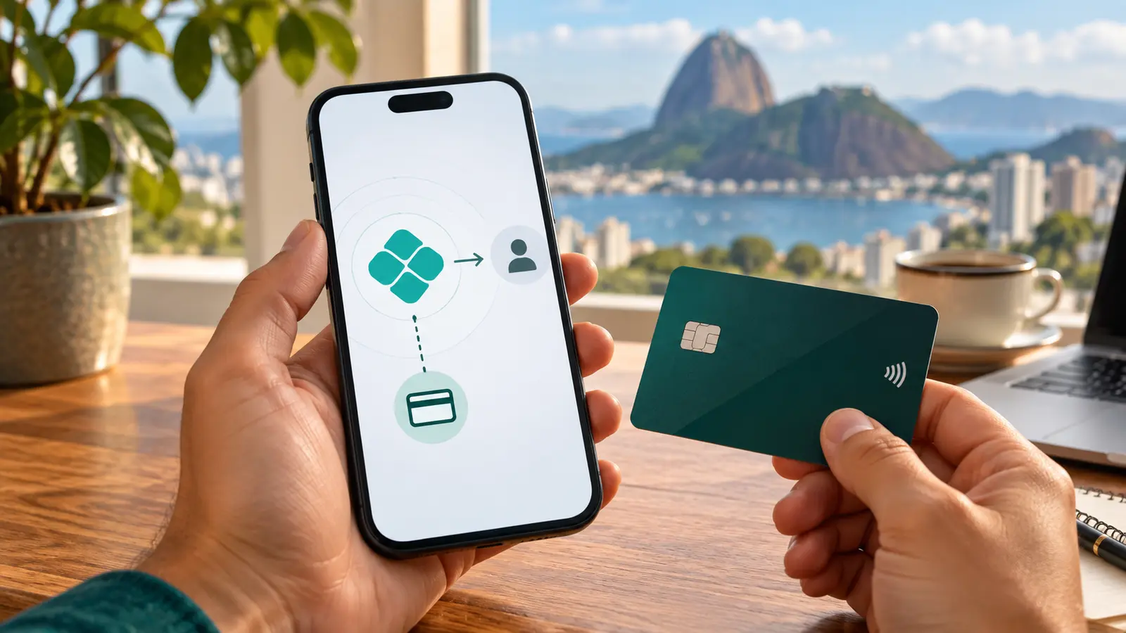 Celular com interface de transferência instantânea ao lado de um cartão de crédito
