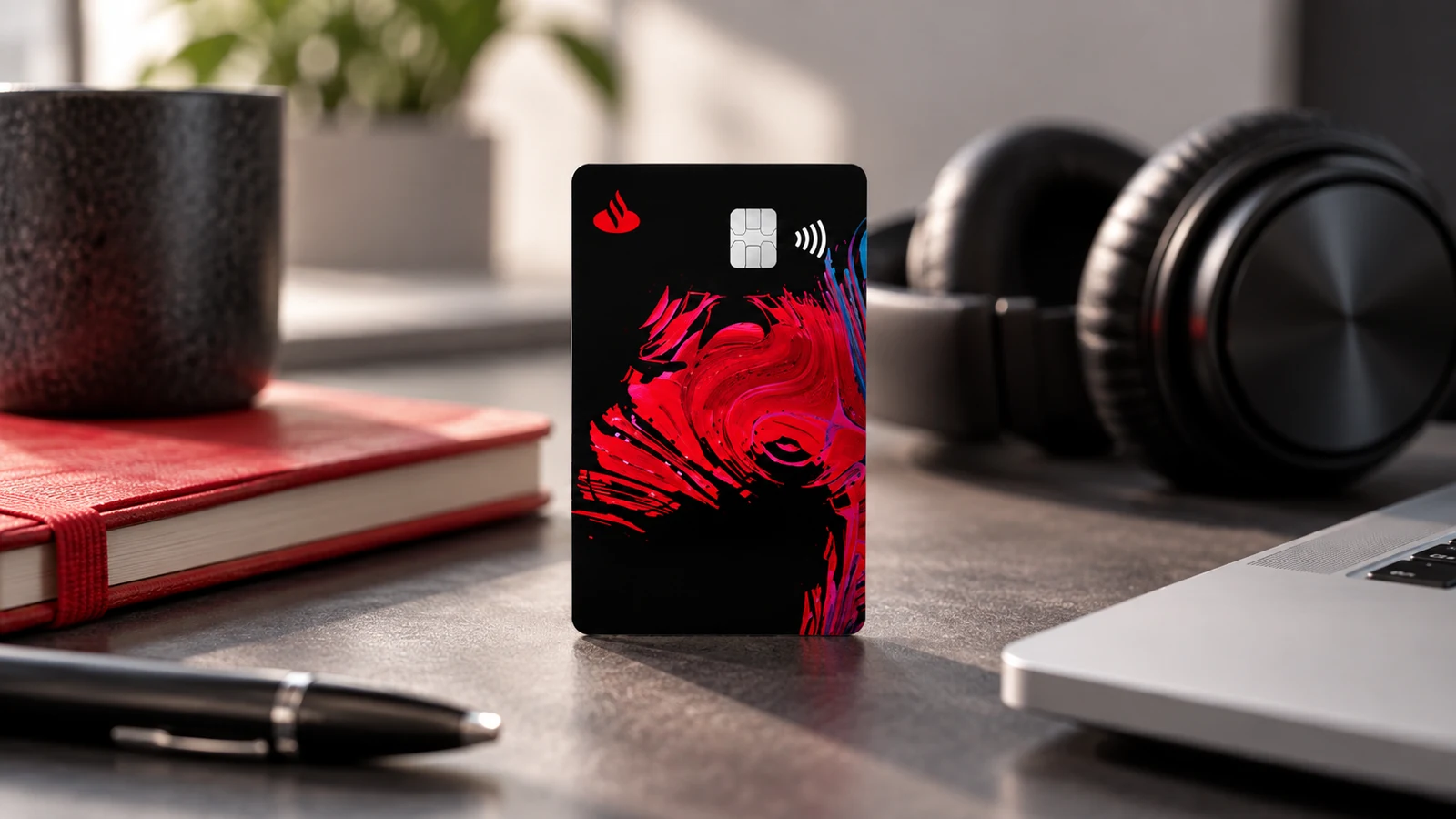 Cartão preto Santander Free com detalhes vermelhos e azuis sobre uma mesa com caderno vermelho e acessórios.