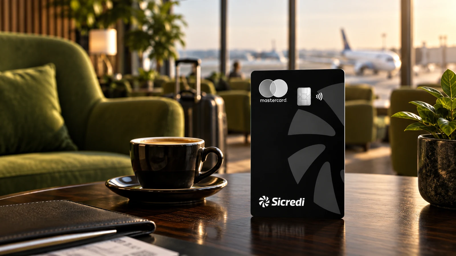 Cartão Sicredi Mastercard Black em pé numa mesa com café, em uma sala VIP com poltronas verdes e avião ao fundo.