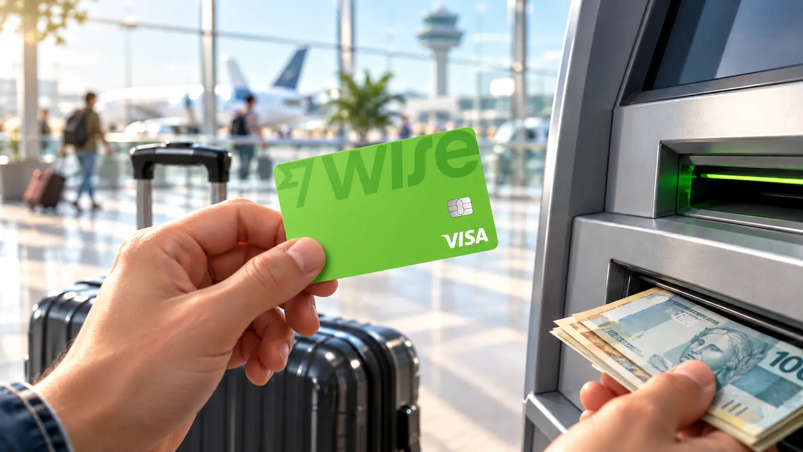 Cartão verde Wise diante de um caixa eletrônico em aeroporto
