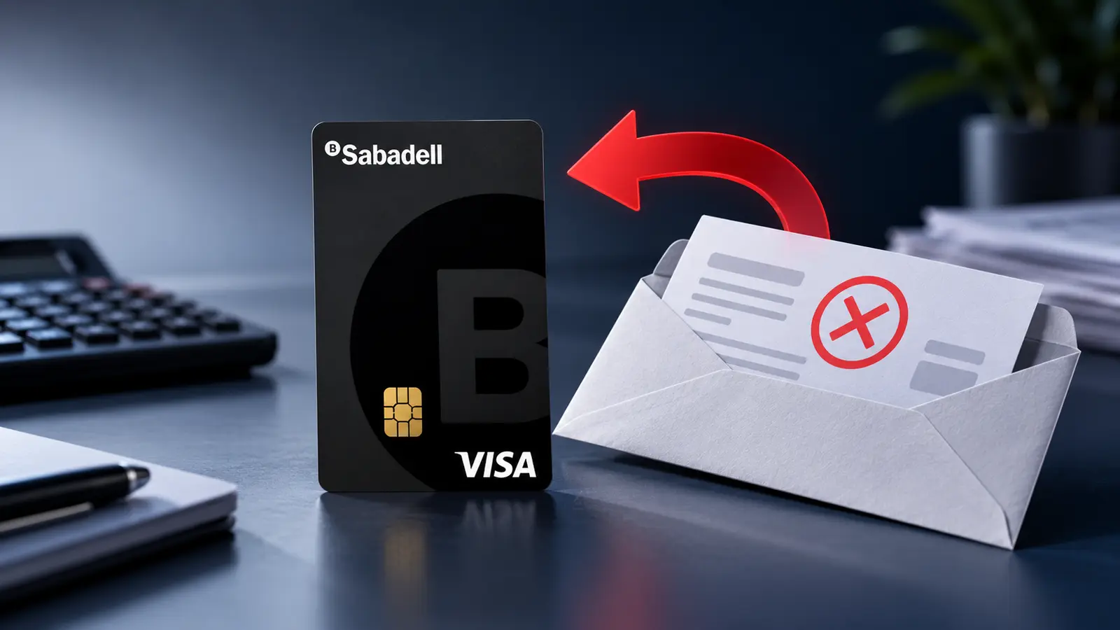 Tarjeta vertical negra Banco Sabadell Classic junto a un recibo devuelto