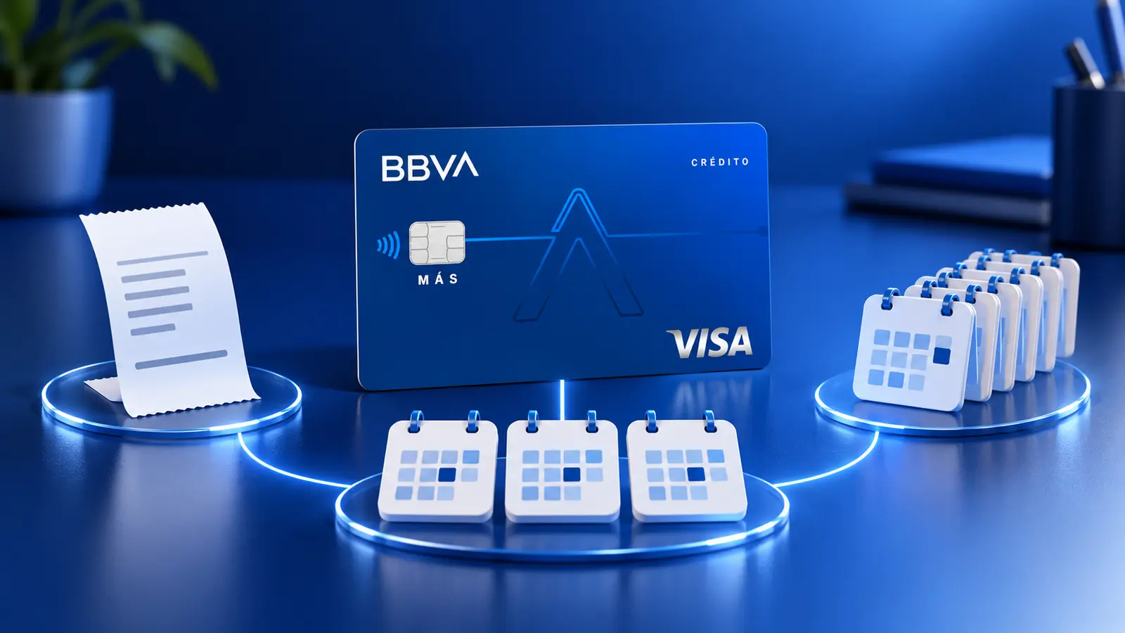 Tarjeta BBVA Aqua Más frente a tres recorridos que representan distintas formas de pago