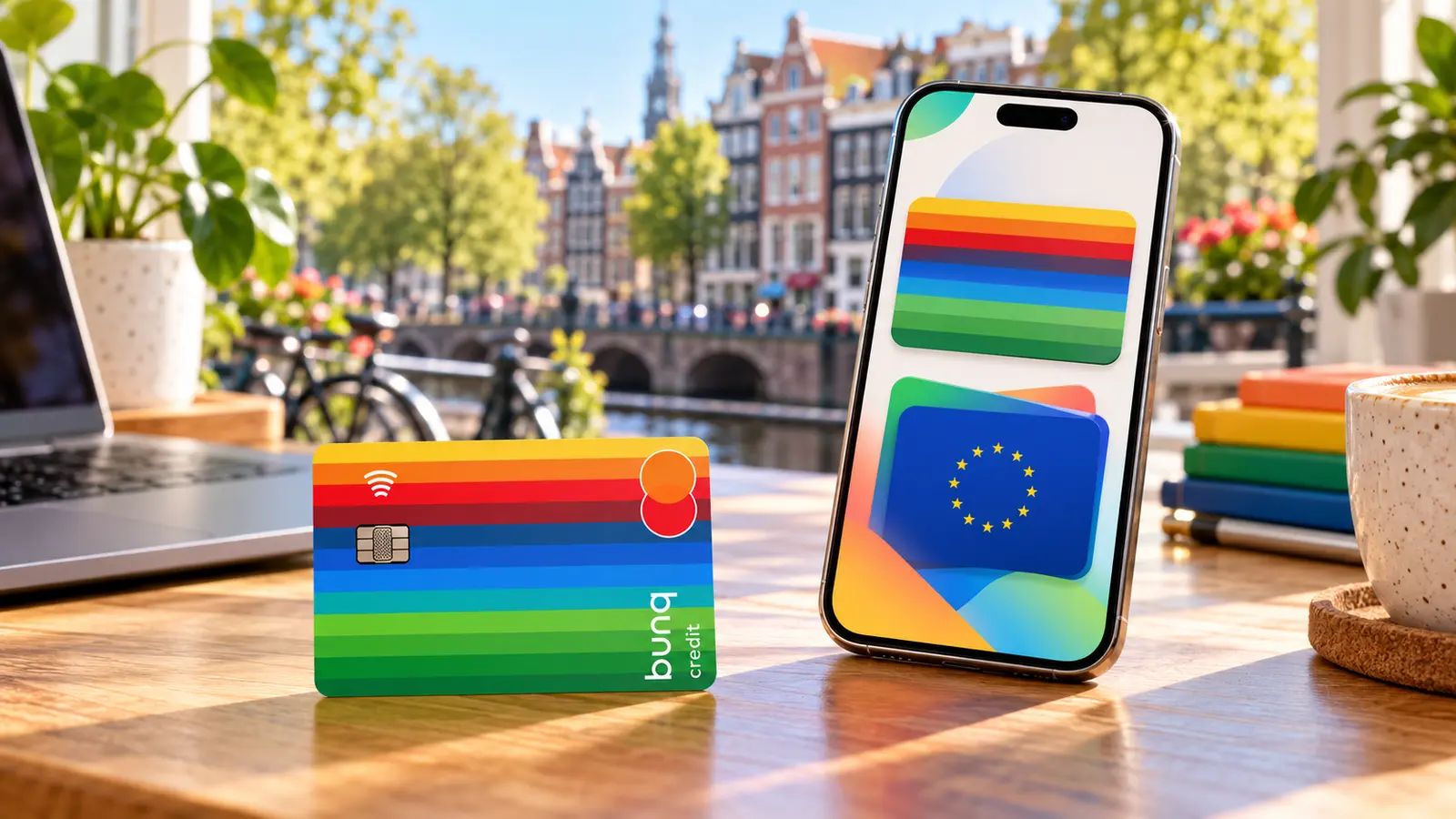 Tarjeta bunq de colores junto a un móvil en un escritorio de Ámsterdam