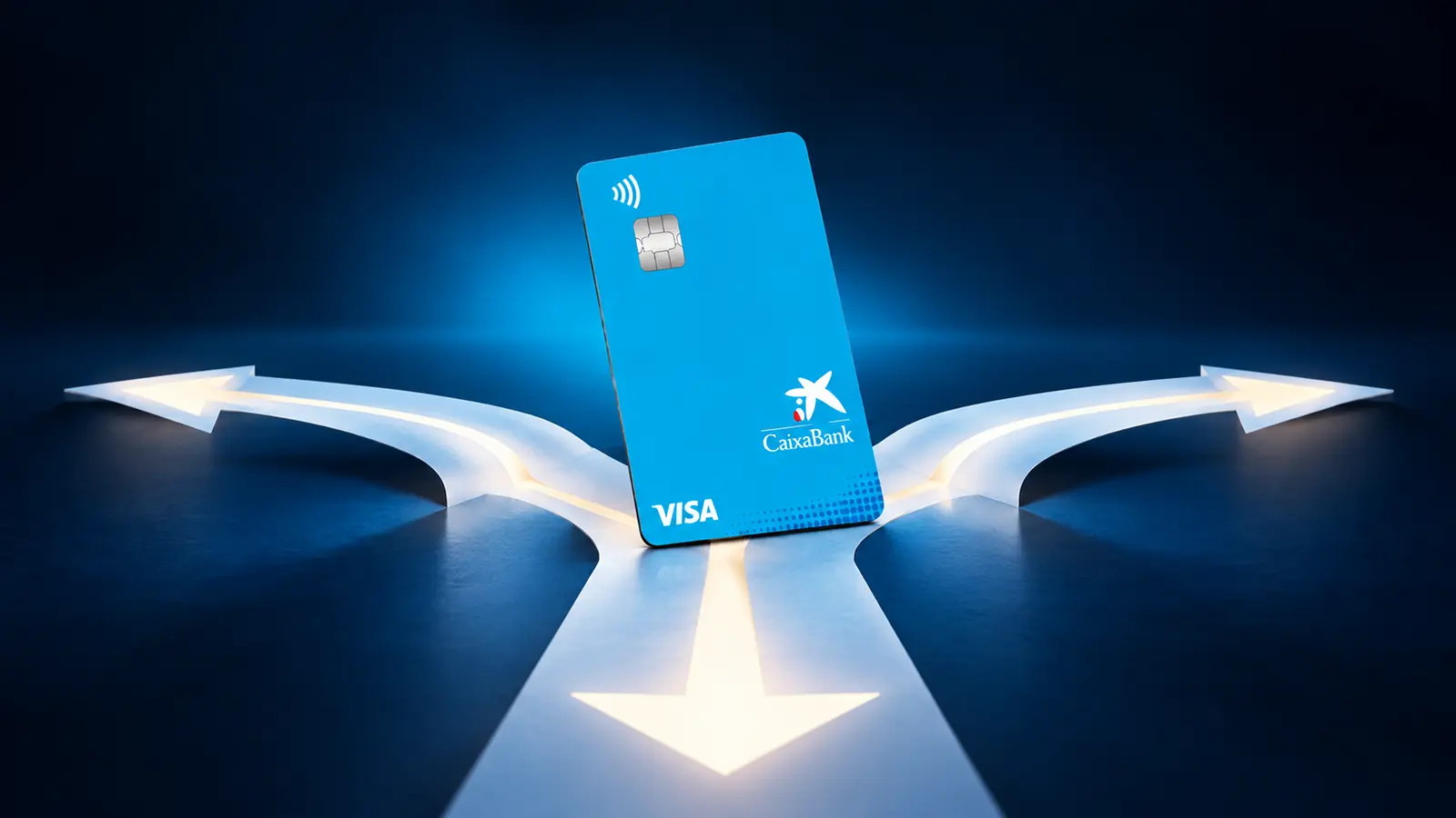 Tarjeta vertical azul CaixaBank Visa Classic situada ante tres caminos iluminados