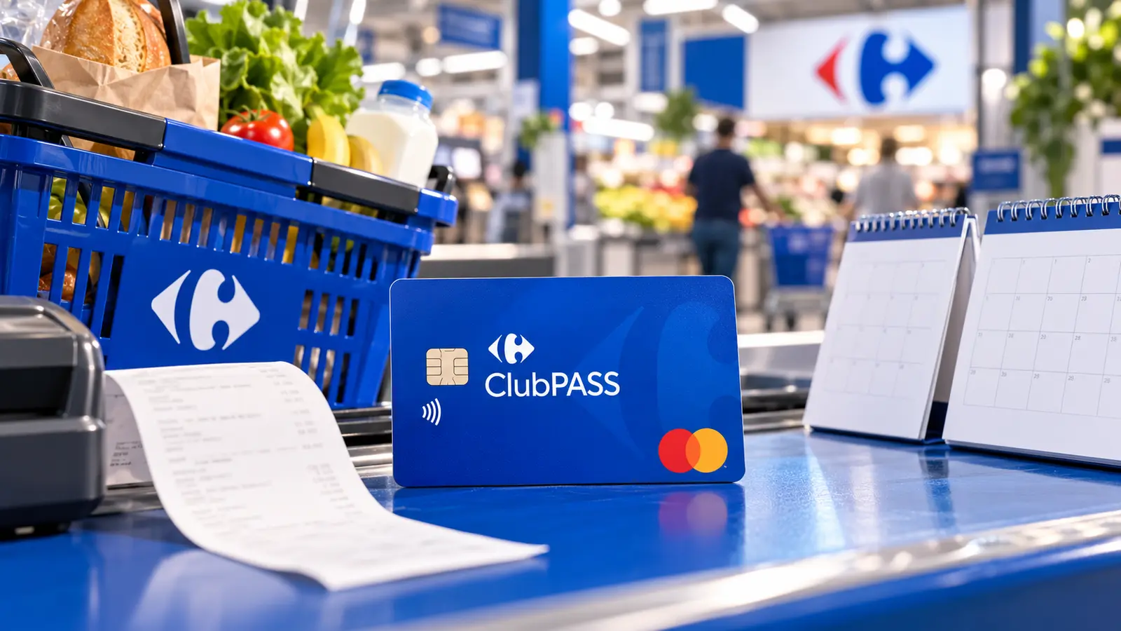 Tarjeta ClubPASS junto a una cesta de la compra, recibo y dos calendarios