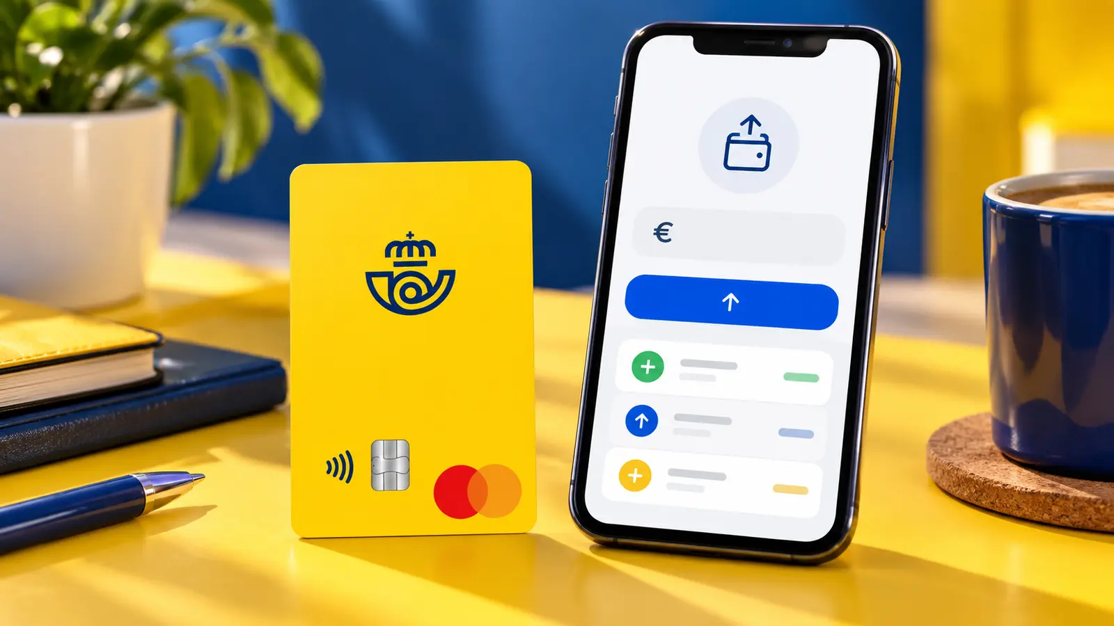 Tarjeta Correos Prepago amarilla junto a un móvil con una pantalla de recarga