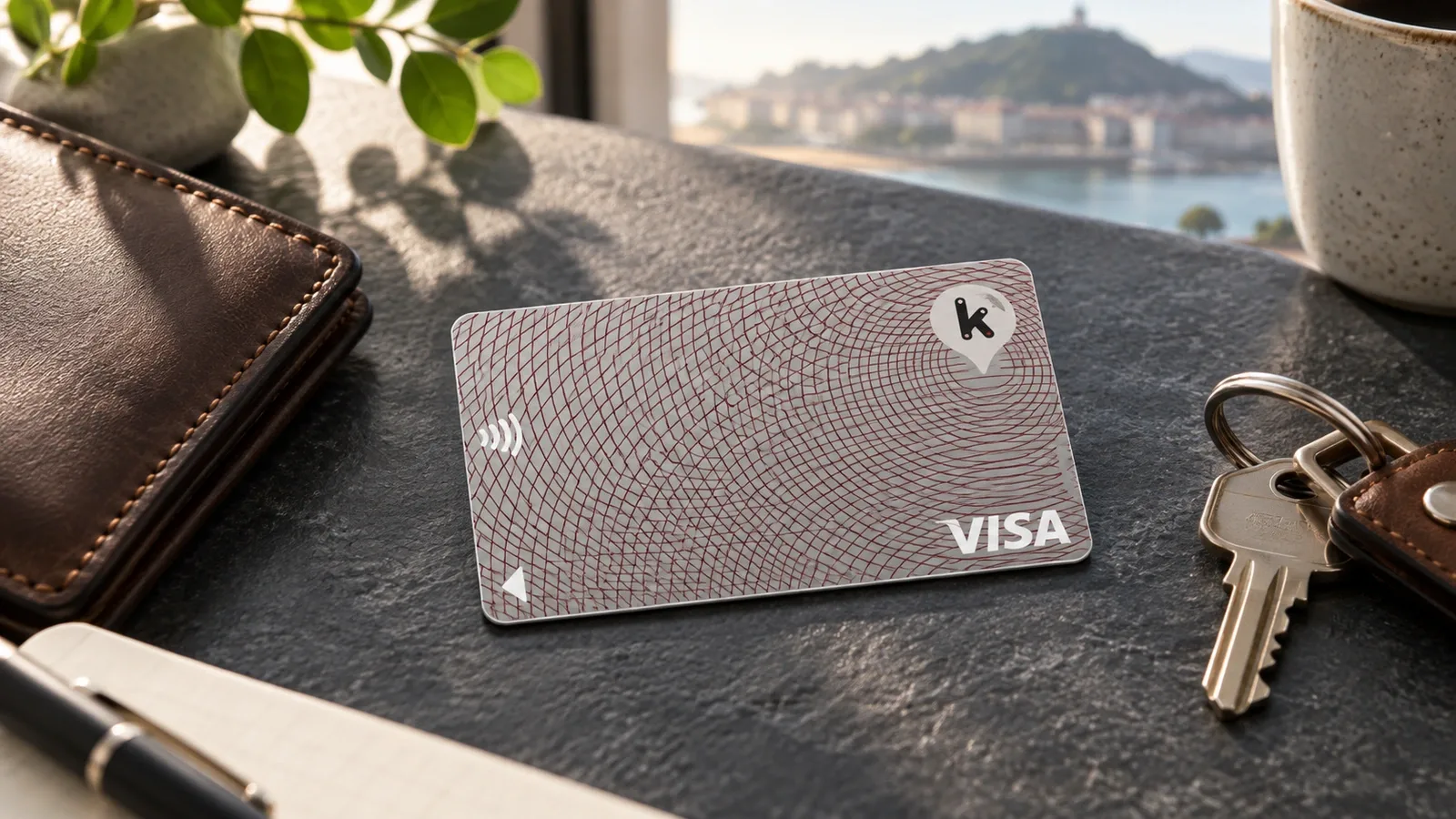 Tarjeta Visa Classic de Kutxabank sobre una mesa de piedra junto a una cartera y unas llaves.
