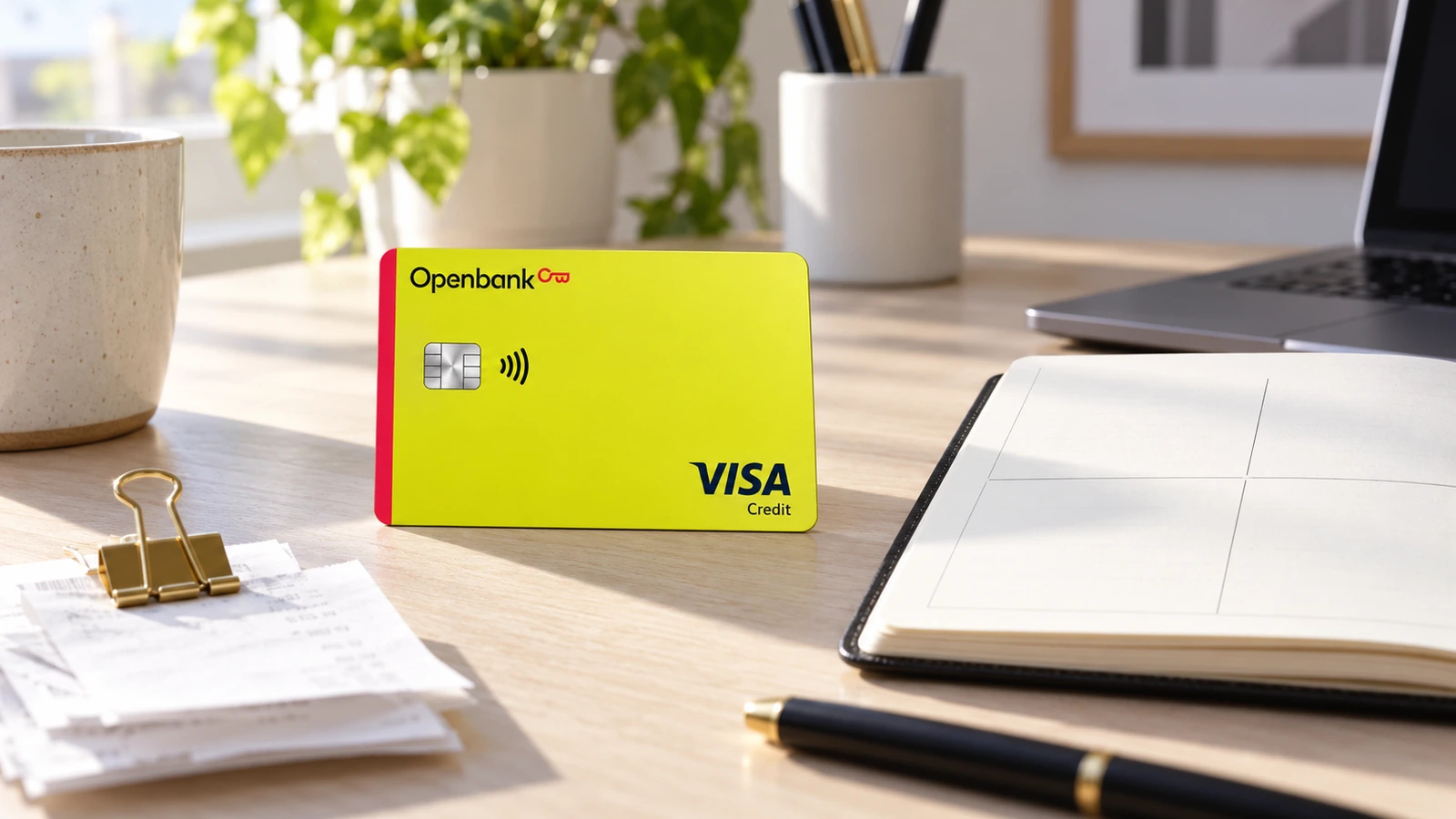 Tarjeta Open Credit de Openbank junto a un planificador y varios recibos organizados.